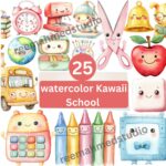 Kawaii School Clipart Bundle | 25 PNG Files | Cute Back to School Graphics | Stationery, Books, Supplies | 300 DPI | Transparent Background
