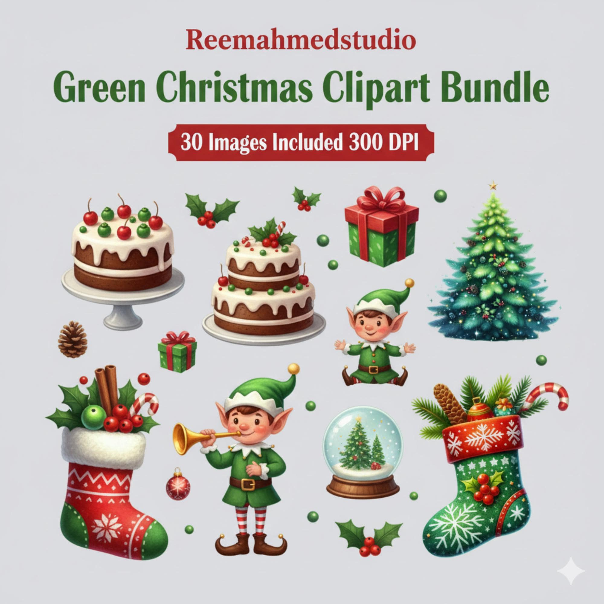 il_fullxfull.7395797068_s29d.jpg Green Christmas Clipart Bundle | 30 PNG Files for Holiday Crafts, Scrapbooking & Digital Design - Image 1