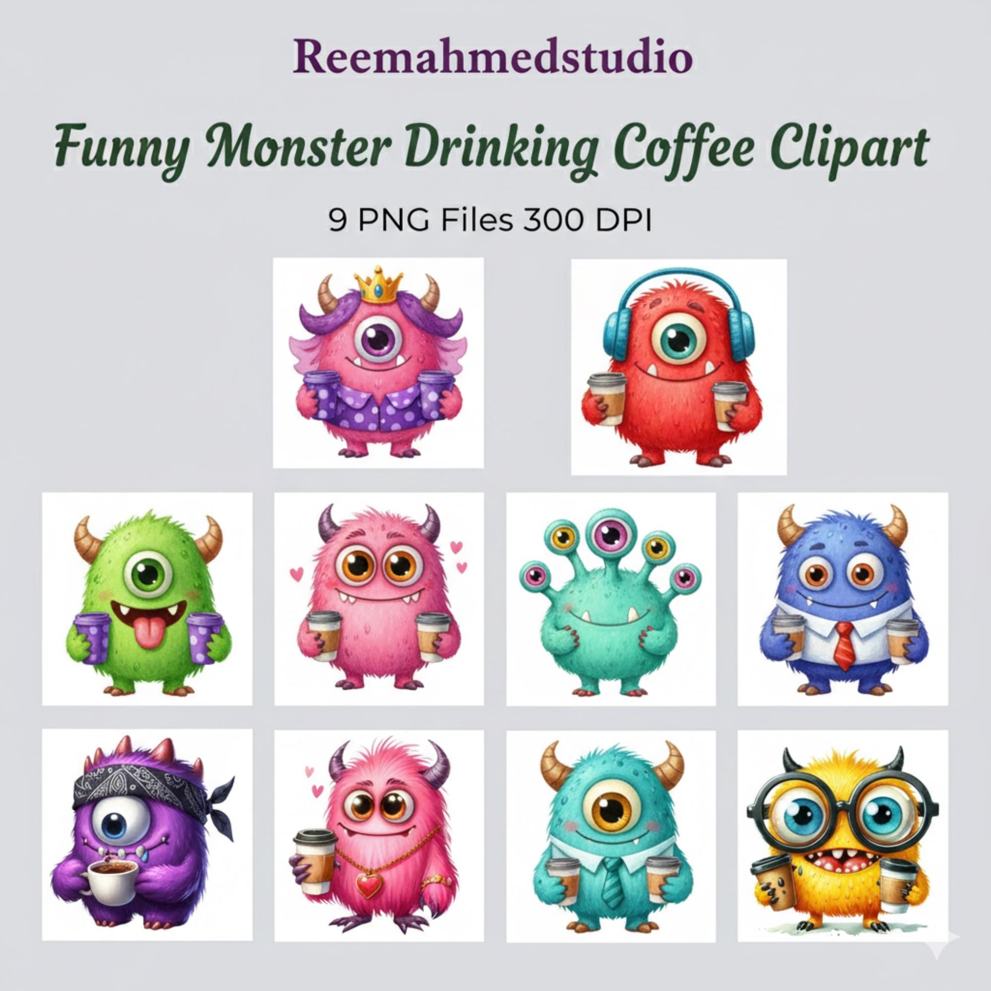 il_fullxfull.7415263518_mjdj.jpg Funny Monster Drinking Coffee Clipart | 9 PNG Designs | Cartoon Digital Download for Crafts - Image 1