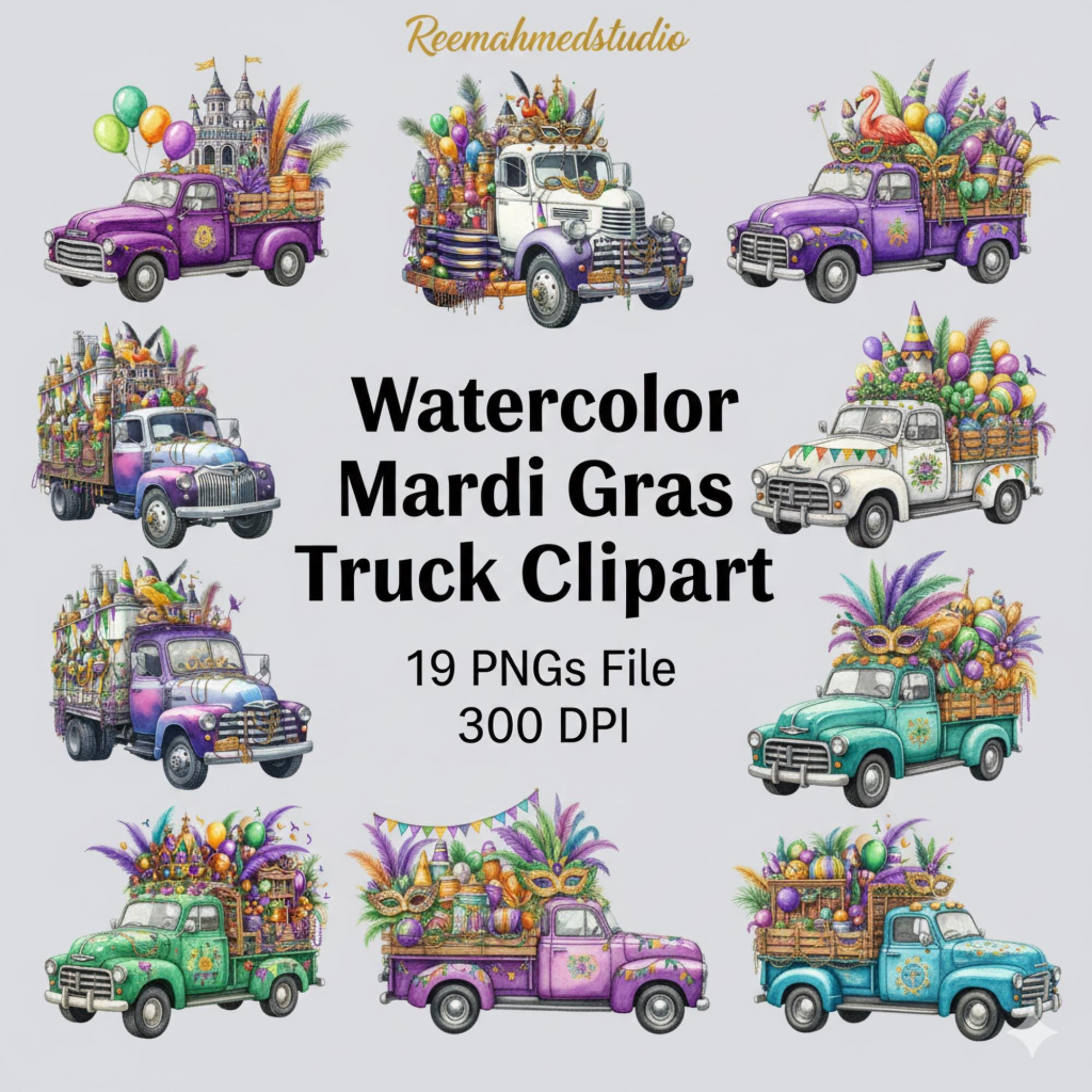 il_fullxfull.7458247401_g1wl.jpg Mardi Gras Truck Clipart Bundle | 19 PNG Files | Transparent Background Digital Download for Crafts - Image 1