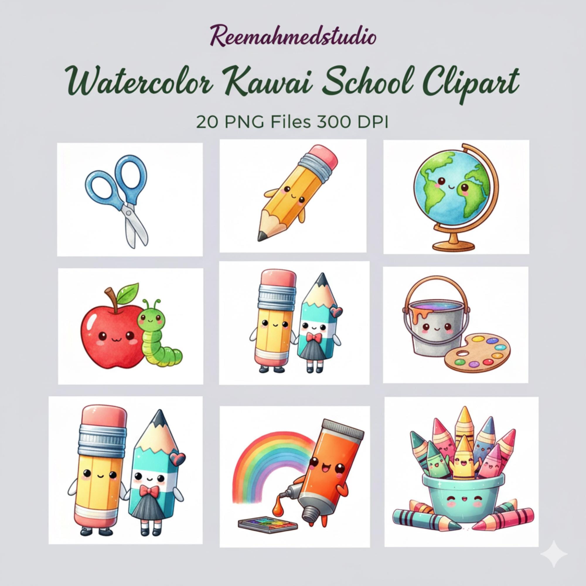 il_fullxfull.7463289917_3dxs.jpg Watercolor Kawaii School Clipart | 20 PNG Designs | Digital Download for Crafts & Scrapbooking - Image 1